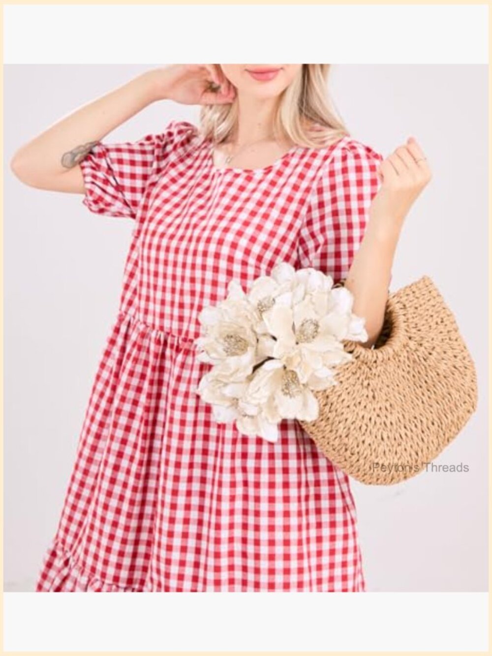 Retro Lantern Puff Sleeve Plaid Dress Gingham Swing Tiered Midi Long - Picture 6 of 7